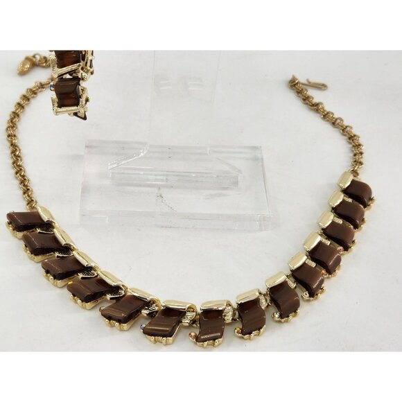 Vintage 1950s Root Beer Brown Rhinestone Necklace Bracelet Earrings Set - Picture 4 of 7